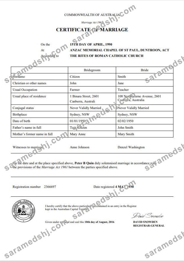 Australia Australian Capital Territory marriage certificate template in Word